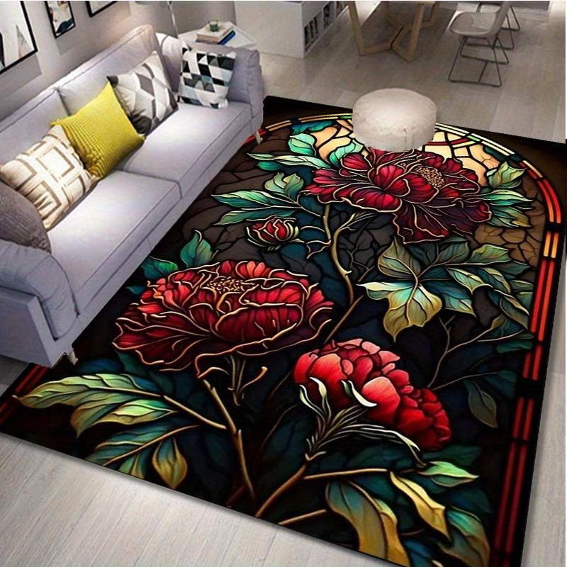 Stained Glass Flower Rug - Vibrant Peony Design for Dining Room, Botanical Art Home Decor Accessories Skid Resistant Carpet