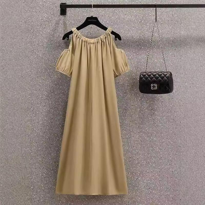 Korean Style Plus Size Off-Shoulder Summer Midi Dress - French Sweet, Loose Fit, Cover Belly Design for Women