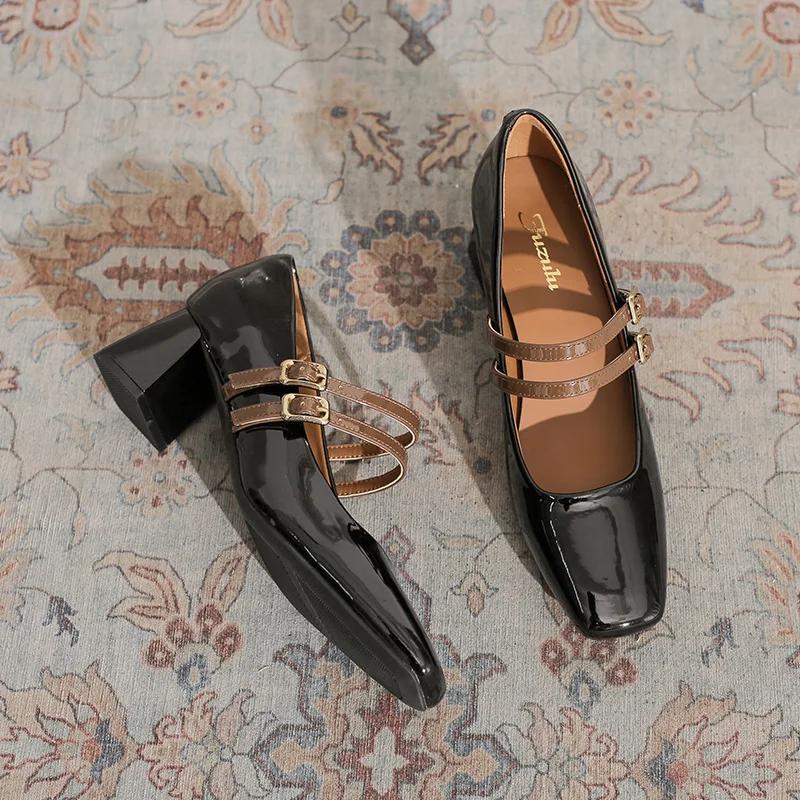 Fashion 2025 Women Heels Shoes Spring Double Buckle Square Toe Mary Jane Shoes Autumn Woman Patent Leather Thick High Heels Dress Shoes