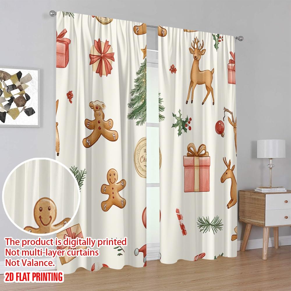 2pcs,2D Plane Printing Popular Curtain Panels Christmas Bells Bows Delivery (3) Durable Polyester (without Rod) Room Decor Use