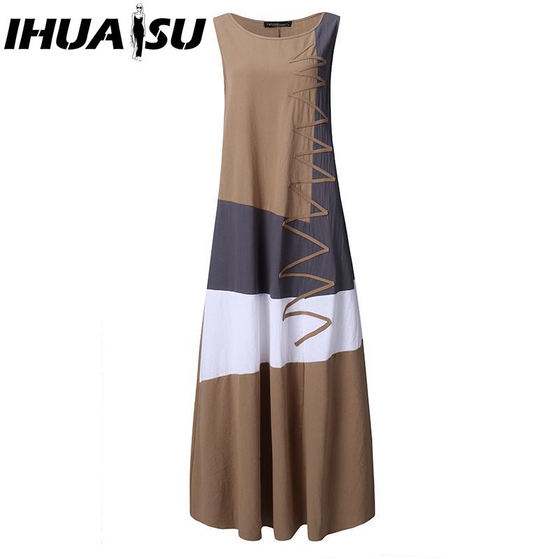 

IHUASU Женское хлопковое платье без рукавов с круглым вырезом, летнее винтажное платье с принтом, длинное XXXXXL