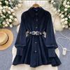 Spring New Chic Hong Kong Flavor Retro High Sense Loose and Thin Irregular Lace-up Waist Denim Dress Women