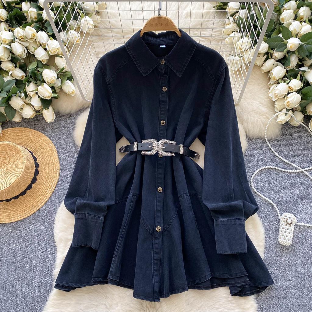 Spring New Chic Hong Kong Flavor Retro High Sense Loose and Thin Irregular Lace-up Waist Denim Dress Women