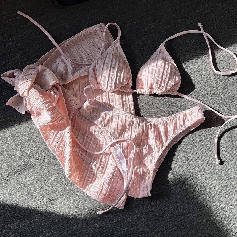 3-piece Beachskirt Swimsuit Women Solid Color Ventilate Bikini Sexy Triangle Cup Lace-up Backless Low Waist Bathing Suit