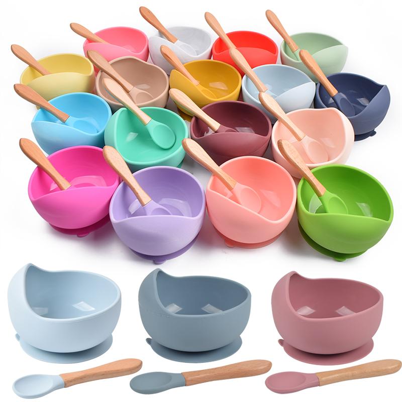 Bol pentru hrănire pentru bebeluși din silicon Veselă pentru copii Bol cu ​​aspirație impermeabilă cu lingură Vese pentru copii Ustensile de bucătărie Lucruri pentru bebeluși FĂRĂ BPA