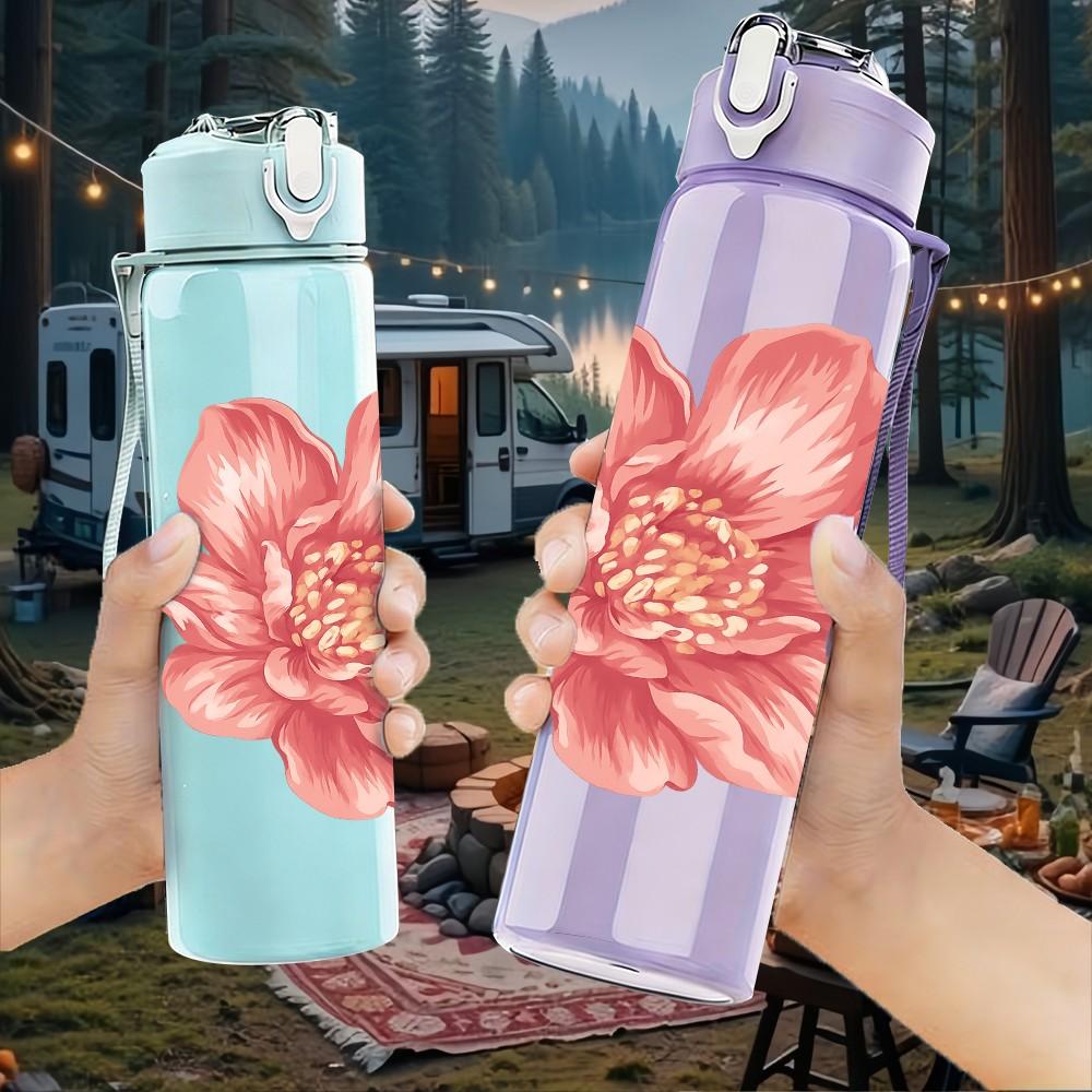 1PC Soft Pink Peony Flower 750ml Color Plastic Sports Water Bottle Leakproof Flip Straw Lid Suitable for Sports Office Home Use