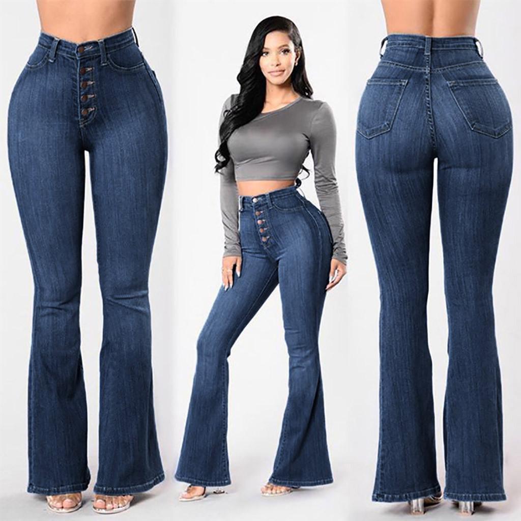 Women  Elastic Plus Loose Denim Pocket Button Casual Boot Cut Pant  Jeans