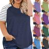 Women's Crew Neck Raglan Short Sleeve T-shirt Loose Fit Striped Splice Plus Size Top Summer Casual Pullover Tee