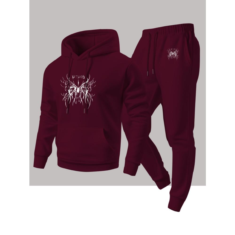 Dark Thorn Print Hooded Sweatshirt Set Drawstring Sweatpants Two Piece Set Loose Casual Sports Style Trendy Men's Clothing