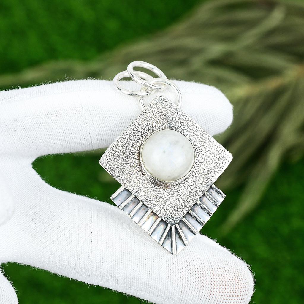 Natural Rainbow Moonstone Gemstone Pendant 925 Sterling Silver Indian Jewelry