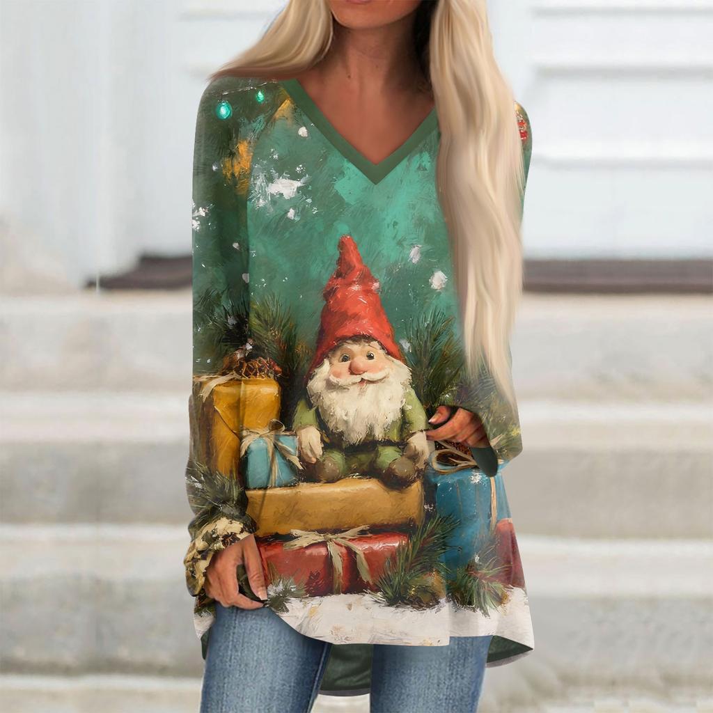 Ladies' Fashionable Casual Christmas Printed T-shirt Long Sleeved V-neck Mid Length Top
