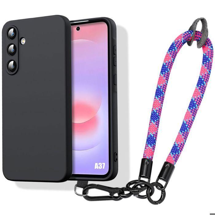 Coque pour Samsung Galaxy A37 5G, Antichoc Silicone Noir avec Bracelet Tricolore Amovible