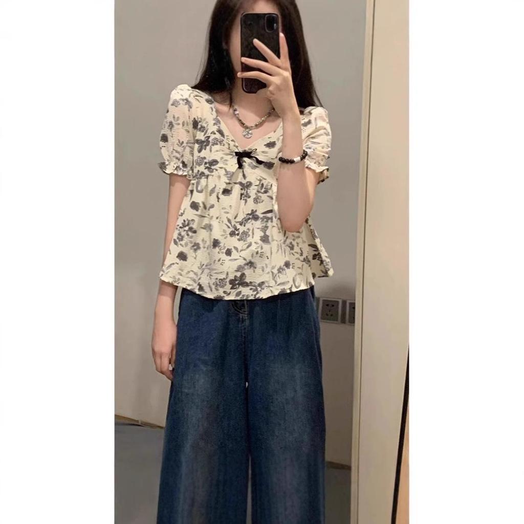 Damen Französische Retro Blumen Puffärmel Babydoll Bluse