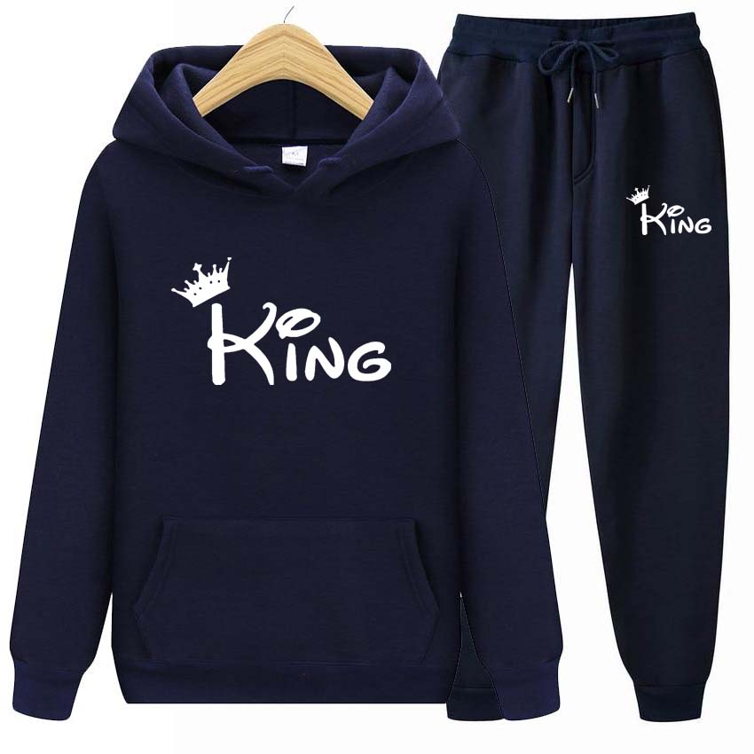 Podzim Zima Mikiny+Kalhoty dvoudílná sada král Potisk Pánské Dámské Mikiny Tepláky Jogger Kalhoty tlusté Teplé oblečení Muži