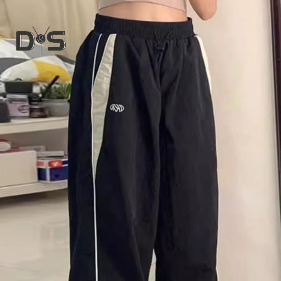 Women Summer Casual Pants Elastic High Waist Straight Wide Leg Long Trousers Contrast Color Pockets Sport Pants Streetwear
