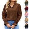 Women's Corduroy V-Neck Long Sleeve Button Front Blouse with Puff Sleeves, Ruffle Trim and Loose Fit