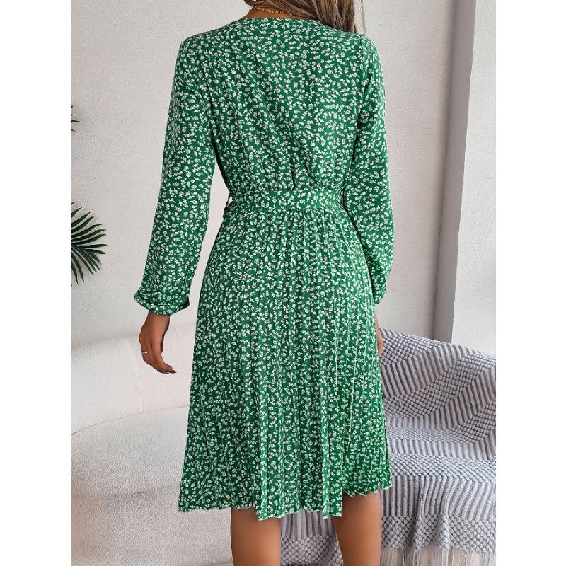 Women's Fashion Spring Fall Flower Pattern Print Long Sleeve O-Neck High Waist Casual Dresses