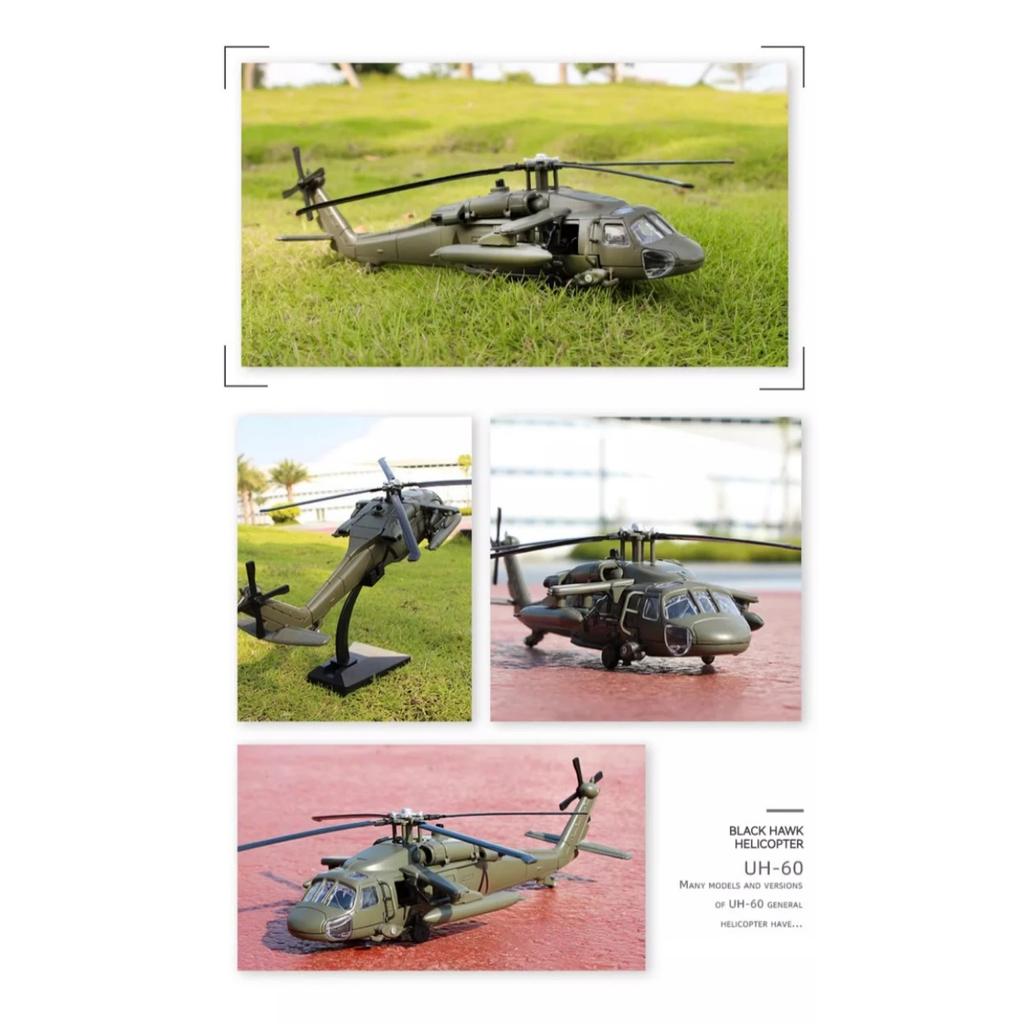 1/64 Model vrtulníku Black Hawk ze slitiny s výstavním stojanem a dárkovým balením Realistické zvukové a světelné efekty Ideální pro vystavení