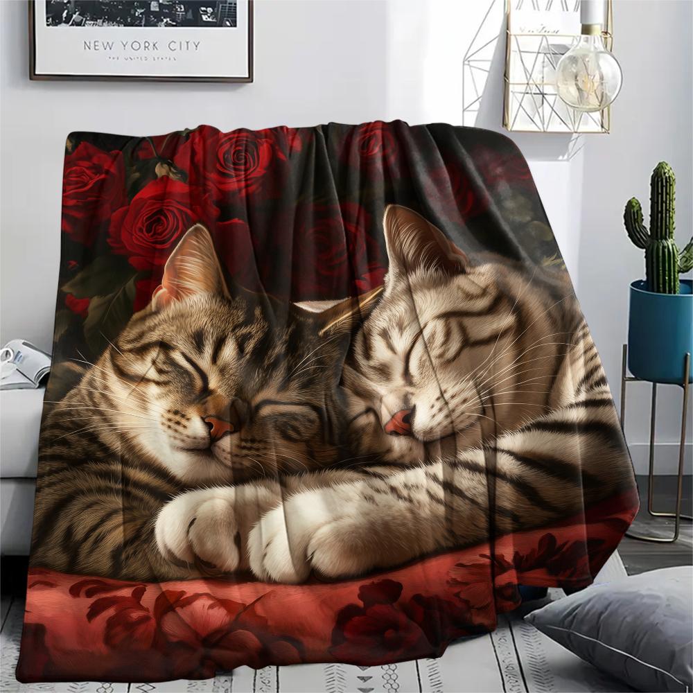 American Shorthair and Roses,pattern Flannel Blanket, High quality Comfortable for All Seasons, Home Decor, Warmth and Comfort, Perfect for Gifts.
