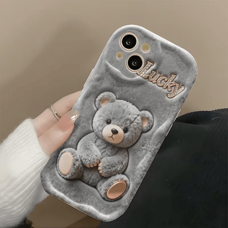 Gray Plush Teddy Bear Pattern Wavy Phone Case For Samsung Galaxy S26 S25 S24 Ultra S23 FE S22 S21 S20 Plus A16 A55 A54 A53 Cover