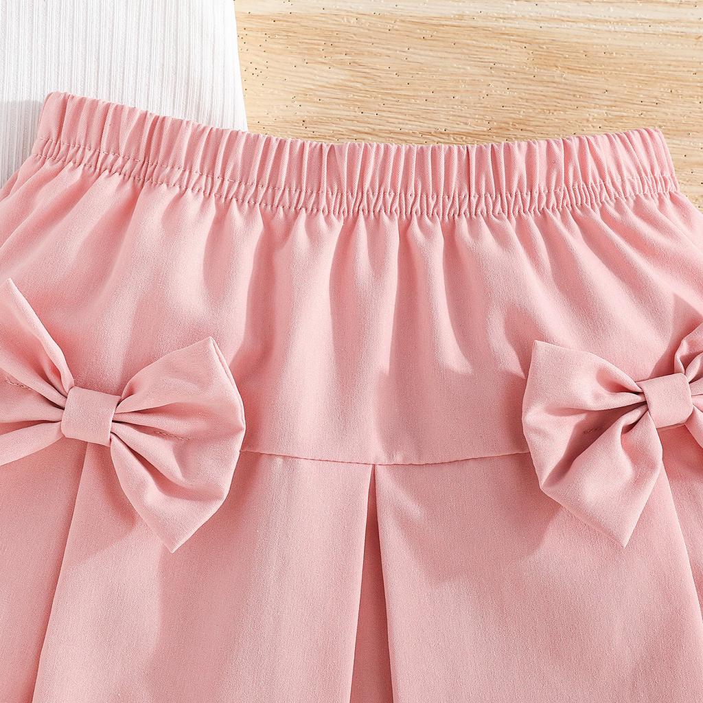 New Girls' Puff Short Sleeve Top with Heart Bow Short Skirt Set Fashion Set