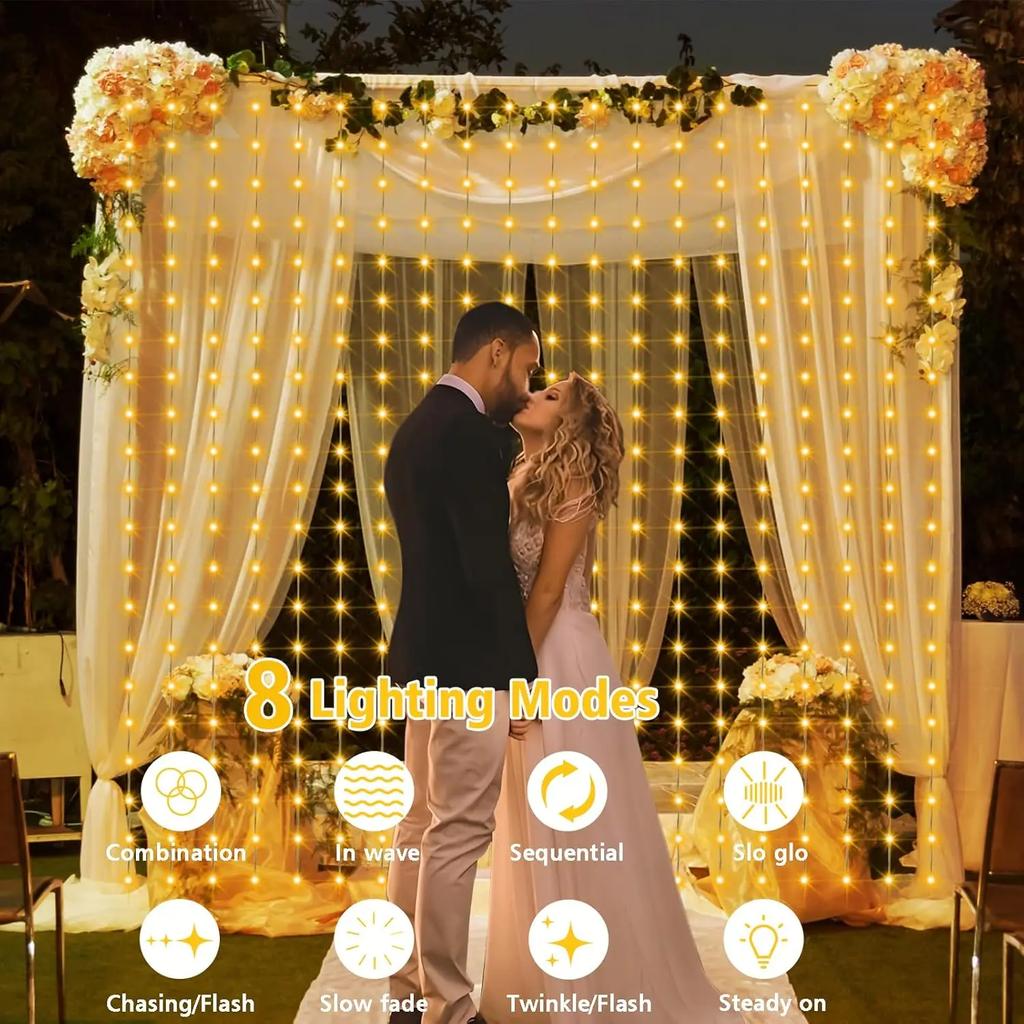 Solar Curtain String Lights Outdoor Waterproof 8 Lighting Modes Curtain Fairy Lights For Wedding Party Decoration