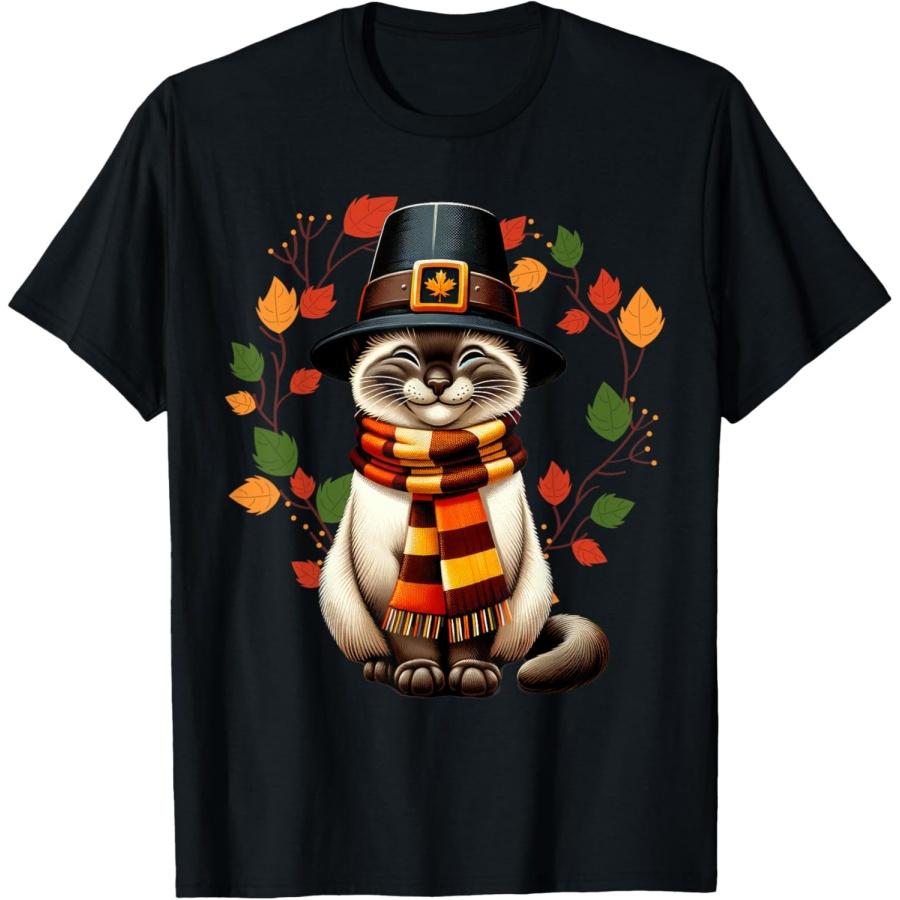 

Siamese Cat Pilgrim Thanksgiving Fall Turkey, Women Girls T-Shirt XXXXXL чорний