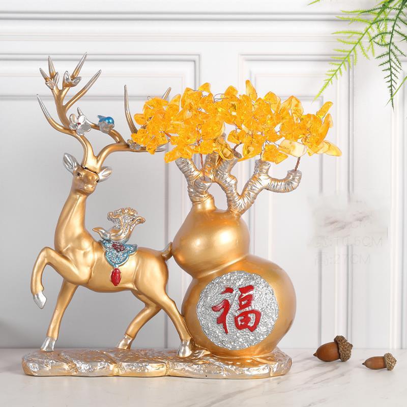 

Crystal Wealth Tree Lucky Gourd Apple Elk Deer Resin Ornament Home Foyer Living Room Furnishing Crafts Office Desktop Decoration