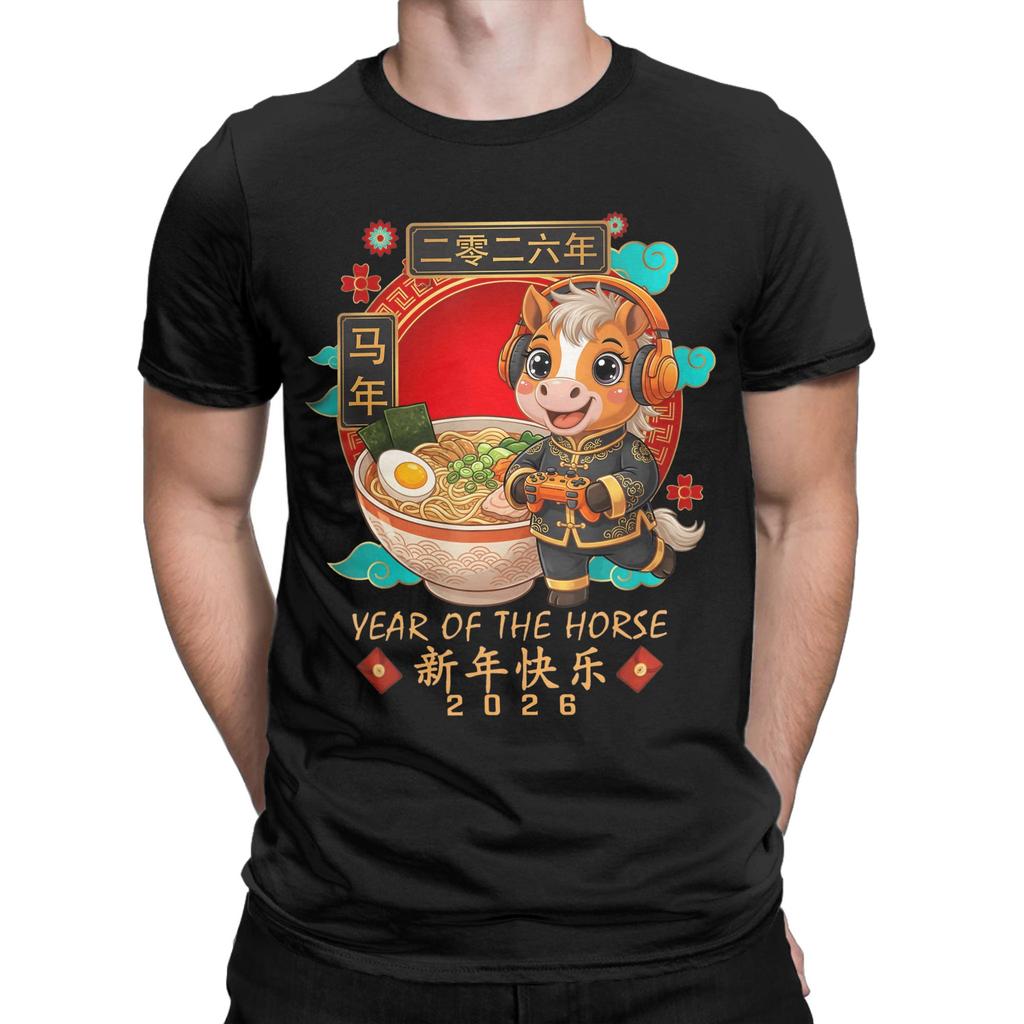 Men Year of The Horse 2026 Chinese New Year Gamer Horse Ramen T Shirts Cotton Clothing Awesome Short Sleeve Round Collar Tees