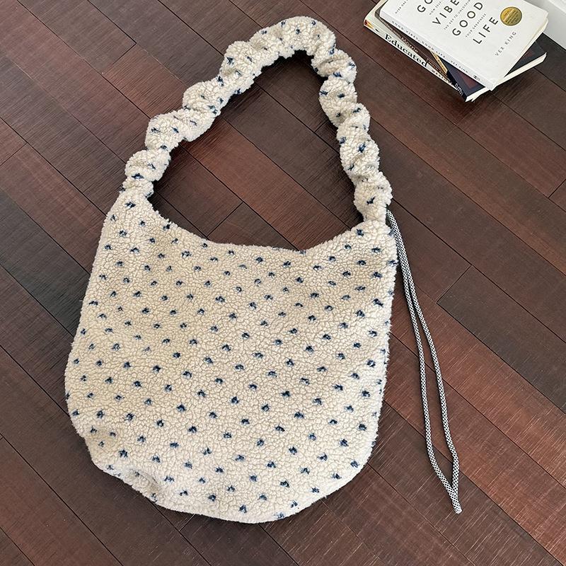 

Плюшевая сумка-тоут Горячая корейская сумка через плечо в горошек Сумка-кроссбоди с регулируемым шнурком Дорожная сумка-тоут на молнии Сумка для хранения в путешествии 42x38cm белый