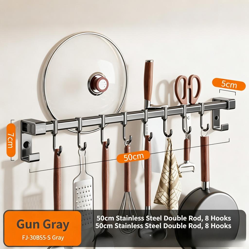 Stainless Steel Kitchen Hook Rack No Drill Wall Mount Storage Rail for Pot Lid Knife Spatula & Spoon Multi-functional Kitchen Organizer