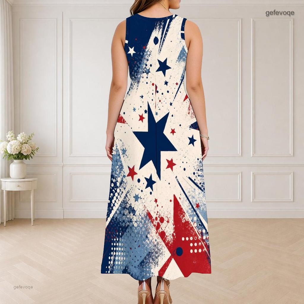 Women Plus Size Round Neck Triple Keyhole Sleeveless Printed Red Blue Silver Long Dress