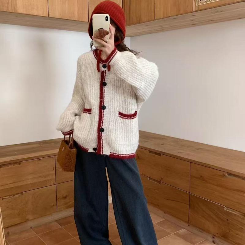 Autumn and winter new retro lazy wind knitted cardigan women's contrasting colors versatile loose soft waxy sweater jacket