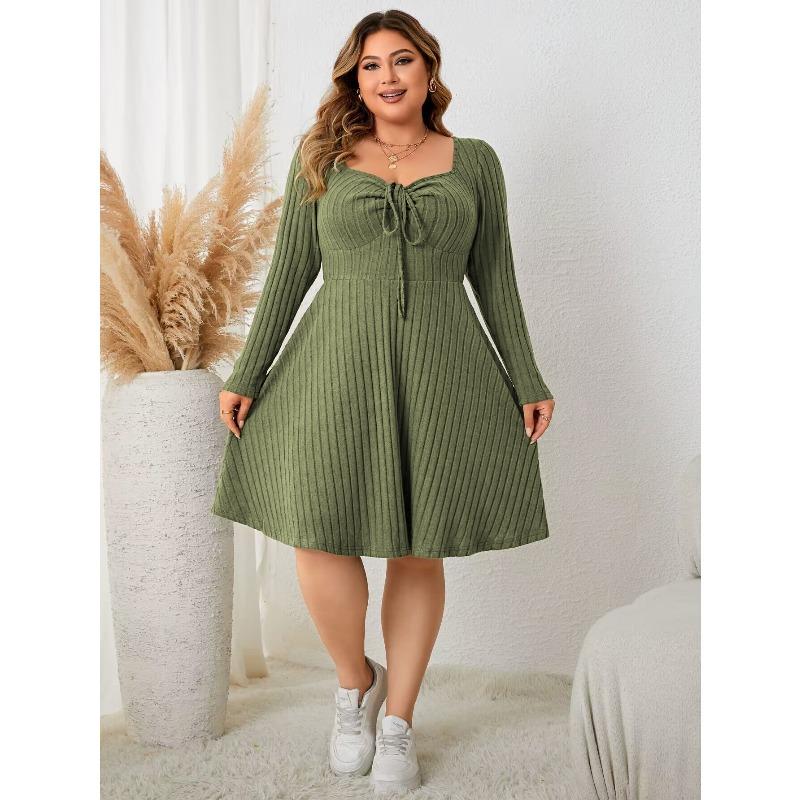 New PLUS SIZE Women's Dress Square Collar Dress Long Sleeved Short Skirt for Women