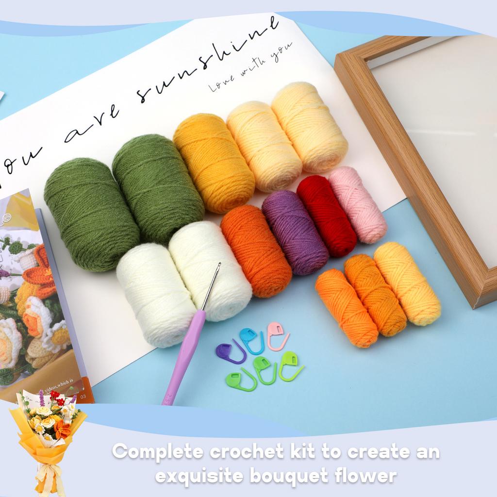 DIY Crochet Flower with Yarn Crochet Hook Needle Step-by-Step Instruction Knitting Markers for Kid Adult DIY Craft