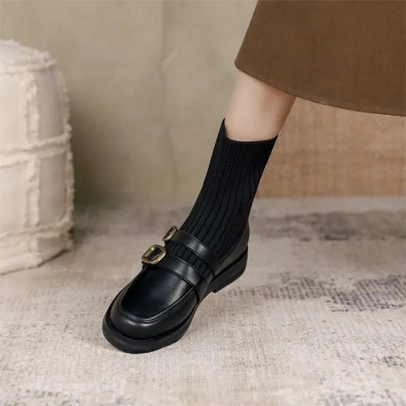 Fashion Elegant with Medium Heels Short Shoes for Woman Sock Booties Round Toe Women's Ankle Boots Brown Elastic Footwear Spring Autumn