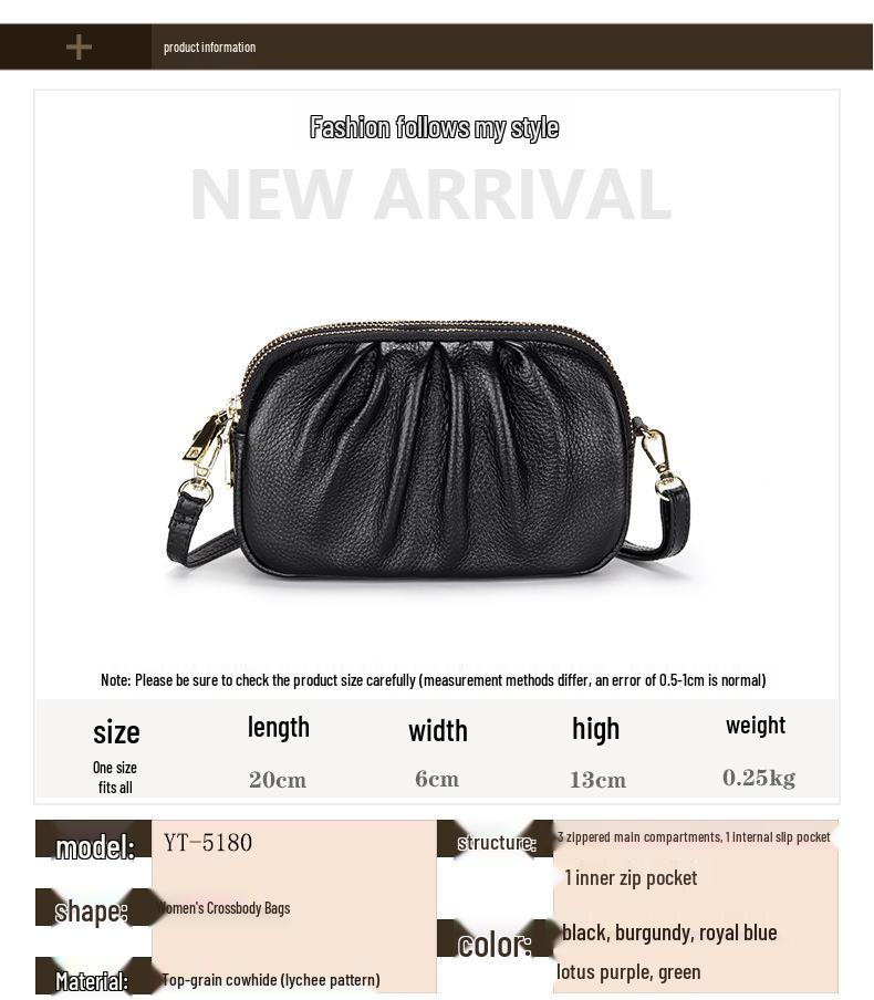 Geantă Crossbody Mică de Damă din Piele Naturală - Design Versatil 2025 cu Volane, Piele Moale, Capacitate Mare, Geantă de Umăr cu Fermoar pe Trei Straturi