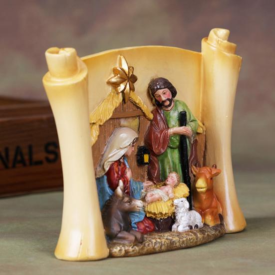 Christmas Manger Shed Statue Religious Nativity Scene Resin Stable Creche Figurine for Xmas Tabletop Decoration