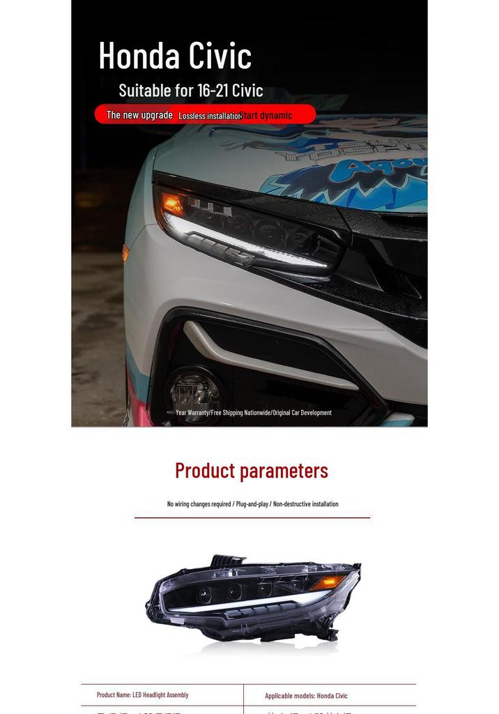 16-21 Civic Tenth Gen RS Style LED Projector Headlight with DRL & Sequential Turn Signals