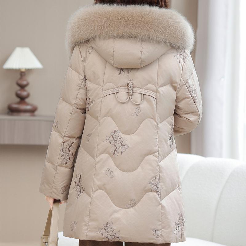 Real Fur Collar Middle-aged Women's Winter Down Coats Hooded Plus Size XL-6XL Embroidery White Duck Down Jackets for Women Thick Warm Parkas