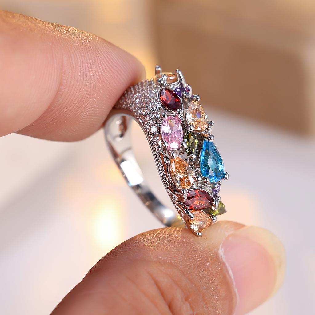 Charm Female Rainbow Zircon Stone Silver Color Wedding  Promise Love Engagement Rings For Women