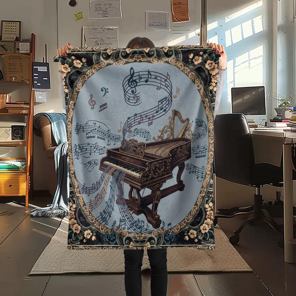

1Pc Vitage Floral Piano Guitar Print Flannel Blanket High Quality Warm Comfortable Cover for All Seasons Perfect for Gifts Home Decor 80cm x 120cm