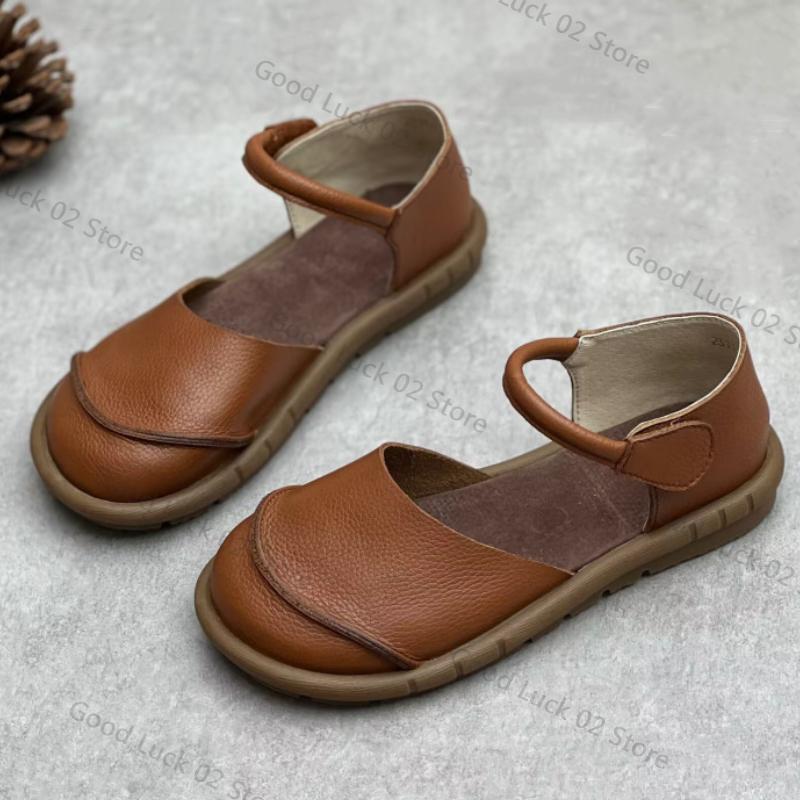 Fashion Soft Leather Women's Flat Shoes Retro Handmade Comfortable 2025 Summer Genuine Leather Fashion Black Casual Sandals Ladies