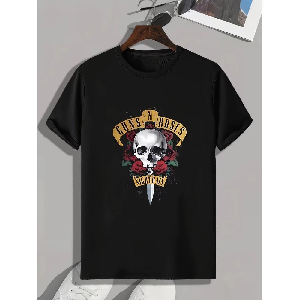 Skull & Rose Print, Men's Graphic Design Crew Neck T-shirt, Casual Comfy Tees Tshirts For Summer