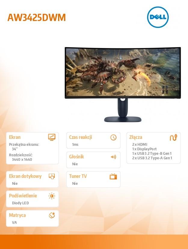 Monitor AW3425DWM 34 Inches Curved AMD FreeSync VA 180Hz WQHD (3440x1440)/21:9/1xDP/2xHDMI/2xUSB 3.2/3Y AES&PPE