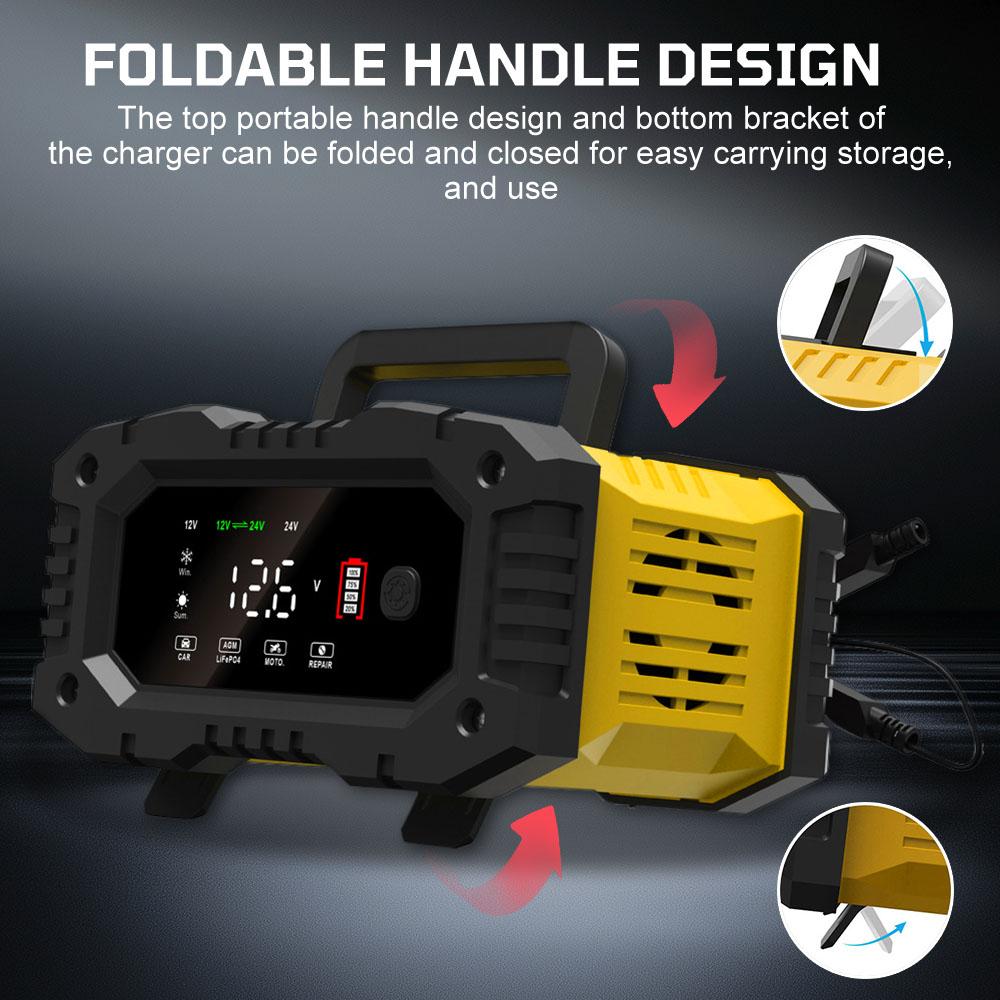 Digital Display Screen Quick Charge Car Motorcycle Battery Charger 7-stage For AGM GEL SLA Lead-Acid LiFePO4 Smart Battey Charger Handheld 12V-24V