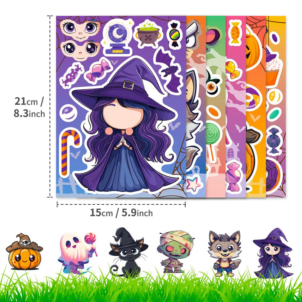 6Sheets Halloween DIY Puzzle Sticker Games 6 Pumpkin Ghost Mummy Witch Make A Face Funny Assemble Jigsaw Stickers Kids Toys