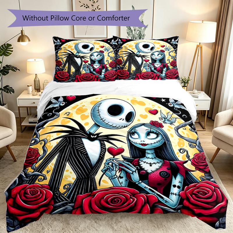 3pcs Duvet Cover Set, Halloween Jack Sally Skull Bedding Set, Machine Washable, Breathable Fabric, All-Season Cozy Bedroom Accessory