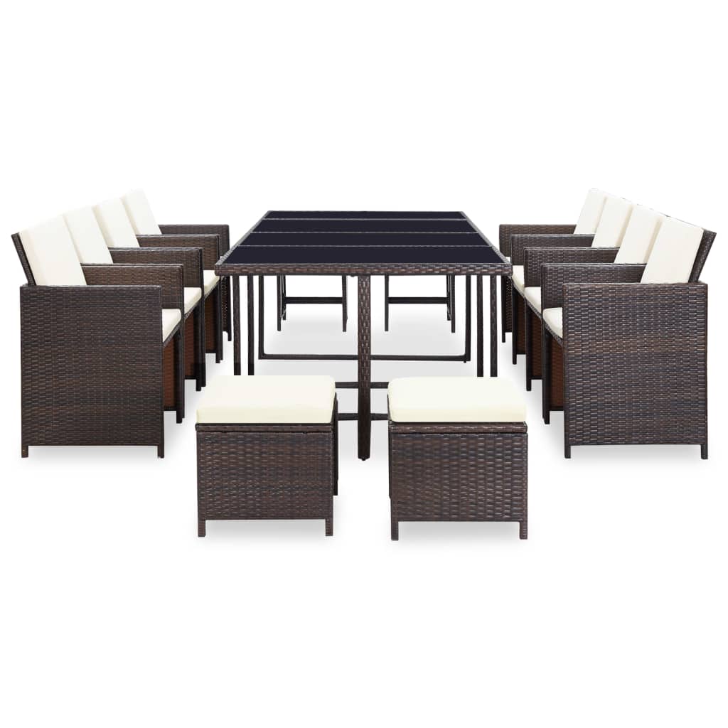 13 Piece Garden Dining Set with Cushions Poly Rattan Brown