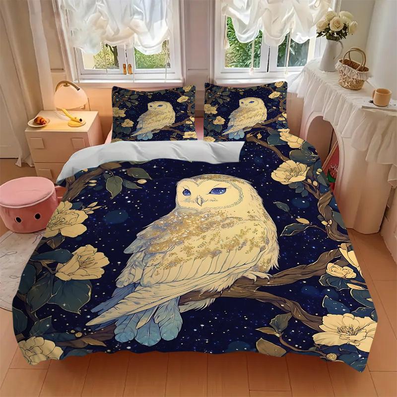 3pcs Owl Enchanted Night Quilt Cover Set - Soft & Comfortable Polyester Fabric, All-Season Breathable Comforter Set For 1 Quilt Cover & 2 Pillowc